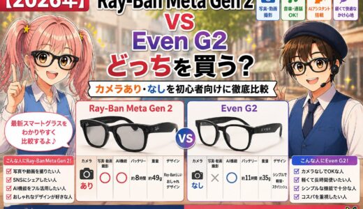 【2026年】Ray-Ban Meta Gen 2 vs Even G2 どっちを買う？カメラあり・なしを初心者向けに徹底比較