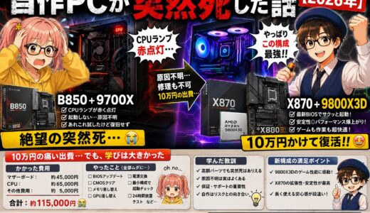 自作PCが突然死した話｜B850+9700XがCPUランプ赤点灯、10万円かけてX870+9800X3Dで復活した実録【2026年】