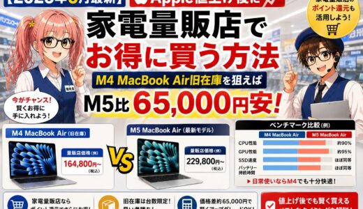 【2026年6月最新】Apple値上げ後に家電量販店でお得に買う方法｜M4 MacBook Air旧在庫を狙えばM5比65,000円安！ベンチマーク比較付き